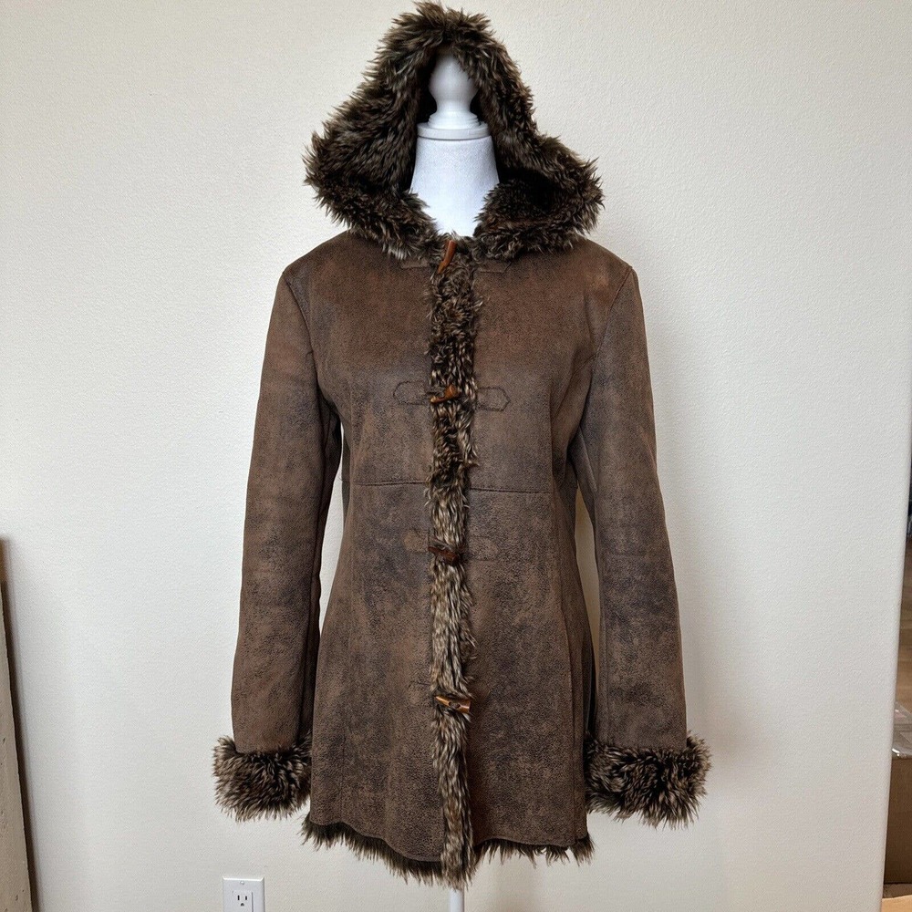 Cripple Creek Coat Womens M Brown Suede Leather Faux Fur Western Warm Hooded
